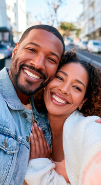Happy multicultural couple taking selfie and smiling together on sunny city street
