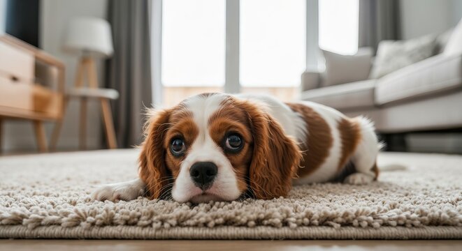 Cute Cavalier King Charles Spaniel Puppy Resting on a Soft Carpet Inside a Modern Family Living Room
