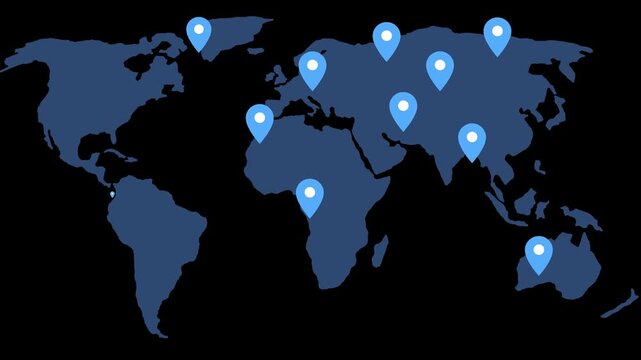 Simplified world map location pins marking various continents animation