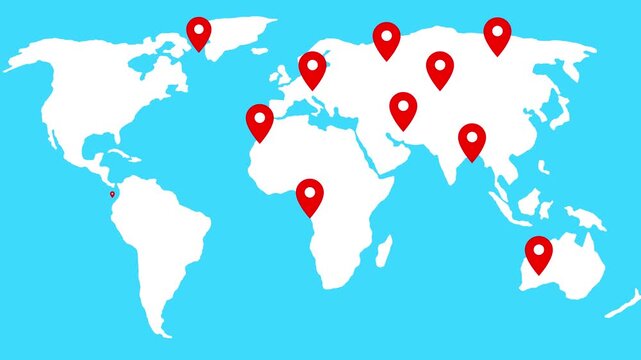 Simplified world map location pins marking various continents animation