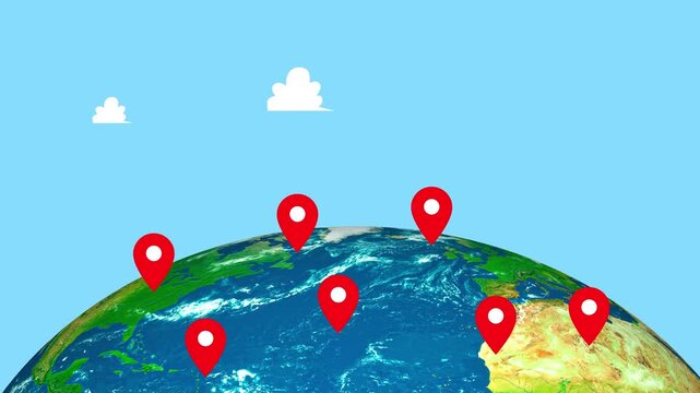 Stylized globe with map pins marking locations on earth sky with small clouds animation