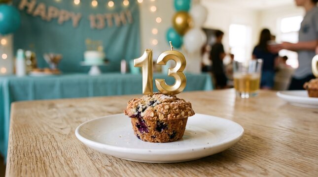 Blueberry muffin topped with a gold number thirteen candle, plated for a festive birthday celebration