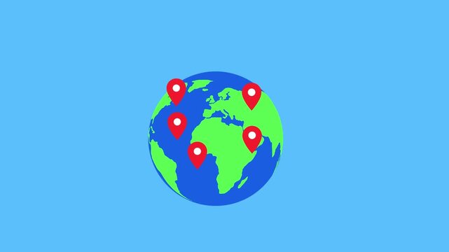 Stylized flat animation of earth map pin markers placed across continents