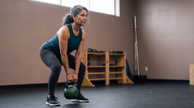 Fit mature woman performing kettlebell deadlift exercise in gym