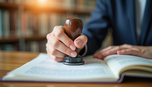 Legal document stamping with hand applying stamp on book in office setting. Stamped legal document indicates approval and authenticity in professional environment.