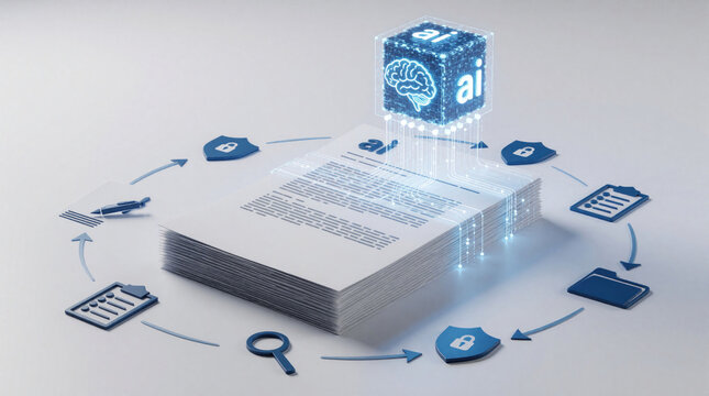Digital brain scans stack of paper documents to automate legal contract workflow. Glowing blue cubic AI icon processes files with security, search symbols in cycle. Smart software innovation analyzes