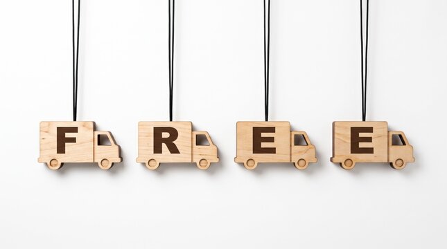 Four wooden toy trucks hanging from strings against white, each lettered to spell out the words free shipping