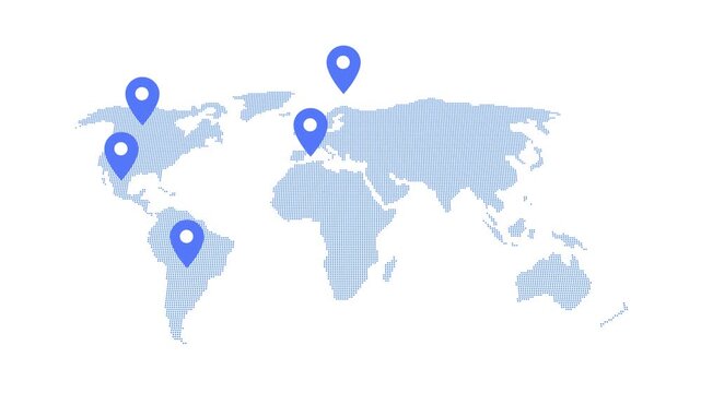World map silhouette with location pins connected by curved lines indicating global network communication