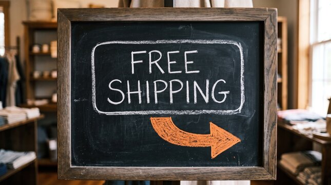 Rustic wooden-framed chalkboard displaying the words free shipping in white chalk with a hand-drawn orange arrow