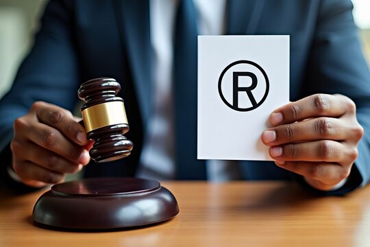 African American hands holding a gavel and a sign with trademark and intellectual property symbols, symbolizing brand law registration.
