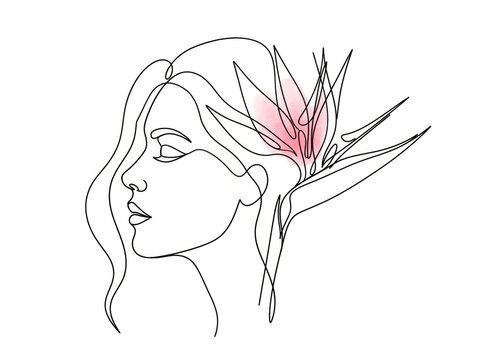 Woman profile with bird of paradise flower - line art floral portrait illustration