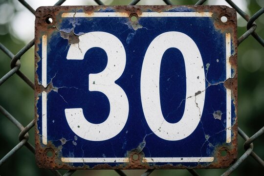 Weathered blue enameled street sign shows number 30 in white. Old house number is rusty and chipped hanging on chain link fence. Outdoor object with distressed look.