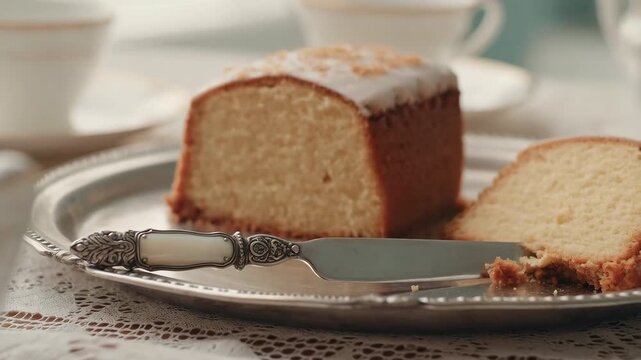 Sliced pound cake on ornate silver platter with decorative knife, lace tablecloth, soft side light, crumbs scattered and single piece lifted at platter edge for serving