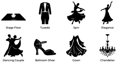 Fototapeta premium Ballroom Dance Icons: Tuxedo, Gown, Dancing Couple, Stage Floor, Elegance, Spin, Ballroom Shoe, Chandelier