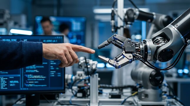 Human hand guiding robotic arm in futuristic workspace