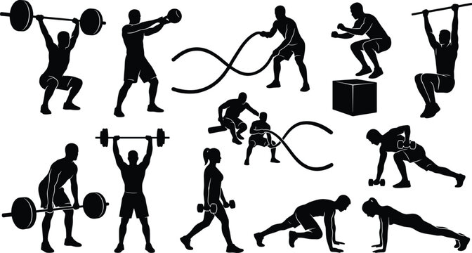Gym Workout Action Silhouettes Collection with Weightlifting Overhead Press Battle Ropes Kettlebell Swings Box Jumps and Core Plank Exercises for Fitness Media