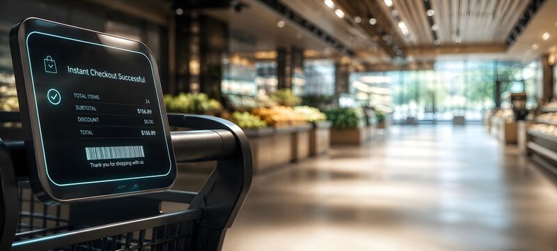 Close up of smart shopping cart screen with instant checkout successful message at blurred modern grocery store, automated retail technology and future IoT supermarket concept with copy space