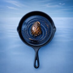 Fototapeta premium Cast iron skillet with roasted potato and seasoning on blue background