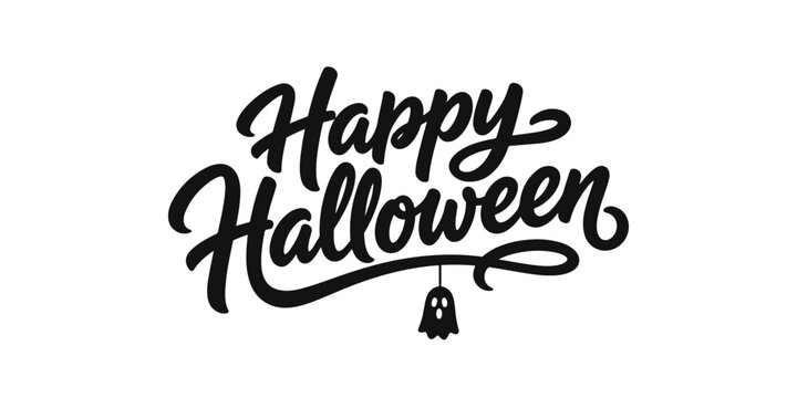 Happy Halloween script typography logo design with cute hanging ghost isolated on transparent background