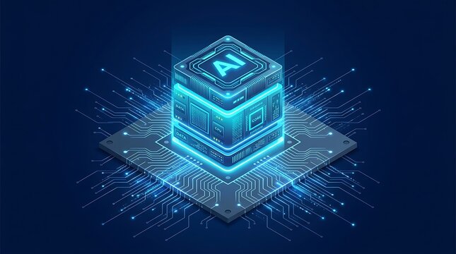 Isometric futuristic processor chip on circuit board