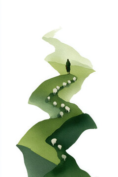 Minimalist watercolor of Jesus leading a flock of sheep