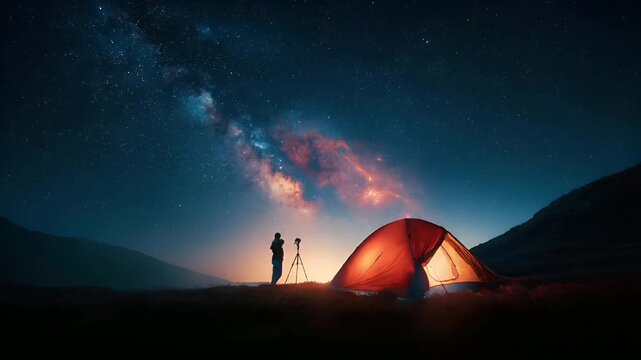 A vivid nighttime scene depicts a solitary figure standing on a grassy hill, gazing at the Milky Way galaxy. The sky is a deep blue, dotted with stars, and the galaxy is a mesmerizing display of.