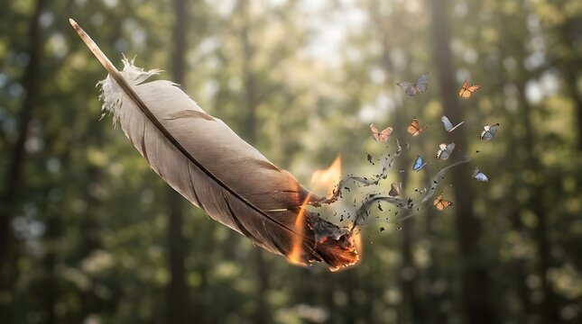 Flaming feather disintegrating into butterflies against a forest background, symbolizing transformation, change and freedom.