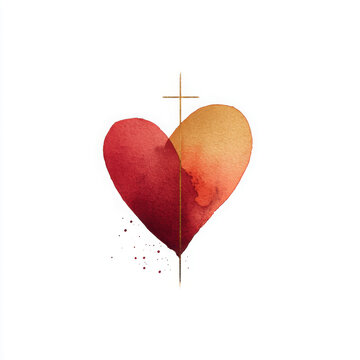 Minimalist watercolor of a stylized heart with a cross