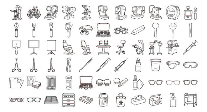 Ophthalmology medical equipment icons set, 60 optometry and eye care vector line illustrations, professional vision health clinic tools