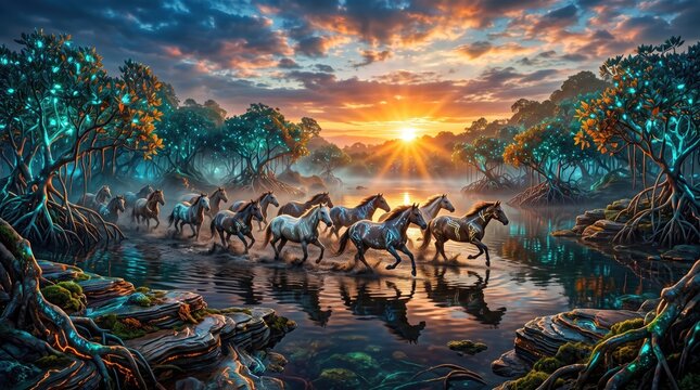 Fantasy sunset landscape with horses by river - fantasy digital art landscape