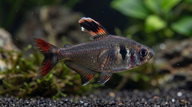 Serpae Tetra Tropical Fish Swimming in a Freshwater Planted Aquarium with Black Substrate and Aquatic Plants, Studio Style View