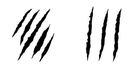 Black Claw Scratch Mark Collection. Sharp Predator Slash Symbols with Distressed Grunge Style. Wild Animal Scratch Set for Gaming, Horror, Posters and Creative Design.