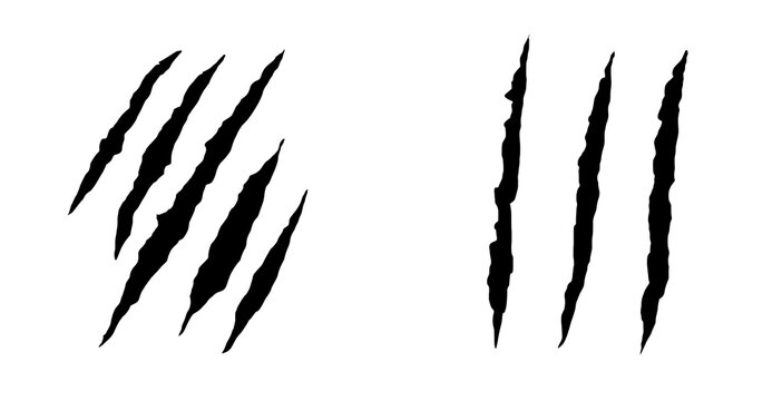 Black Claw Scratch Mark Collection. Sharp Predator Slash Symbols with Distressed Grunge Style. Wild Animal Scratch Set for Gaming, Horror, Posters and Creative Design.