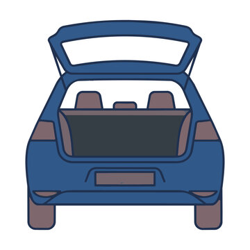 Simplified graphic of a modern hatchback car from the rear with an open trunk revealing empty cargo space, isolated on white. Automotive transport concept