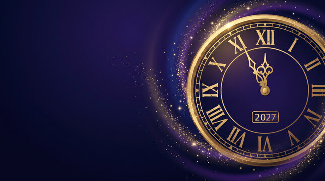 New Year 2027 golden clock countdown on purple background banner