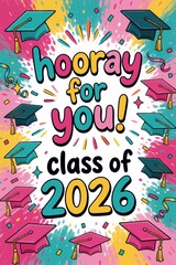 Naklejka premium Bright cartoon graduation card with playful hooray for lettering, class of 2026 text. Colorful mortarboard caps confetti, festive doodles decorate joyful poster design. Cheerful party invitation
