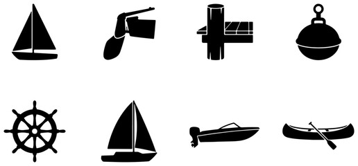 Nautical Icons: Sailboat, Outboard Motor, Buoy, Helm, Dock, Canoe © Arman