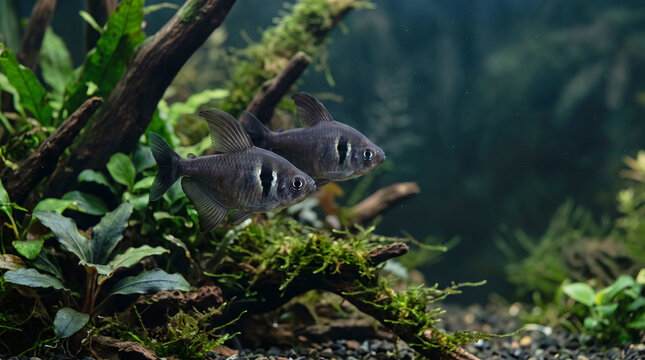 Black Phantom Tetra Fish Swimming in a Planted Freshwater Aquarium with Driftwood and Moss, Nature Concept Art