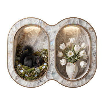 Cute black squirrel sleeping in a nest next to a vase with white tulips in an oval marble frame isolated on transparent background