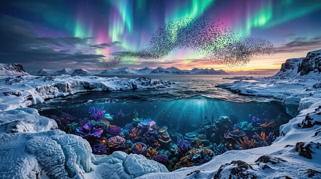 Fantasy aurora lagoon coral landscape - fantasy digital art landscape