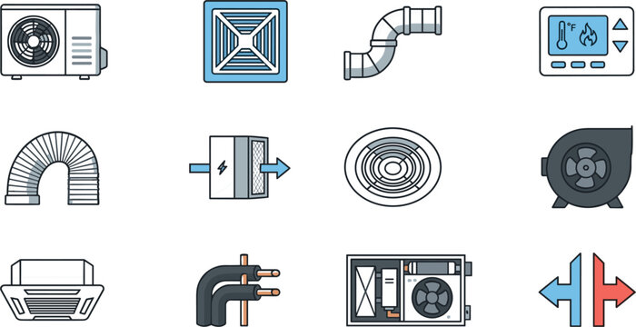 HVAC system line icon set featuring air conditioner unit ventilation grille flexible ducting digital thermostat filter blower fan insulated piping and climate control technology