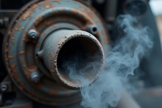 Close-Up of a Dirty and Deteriorated Engine Exhaust Spewing Smoke and Pollution