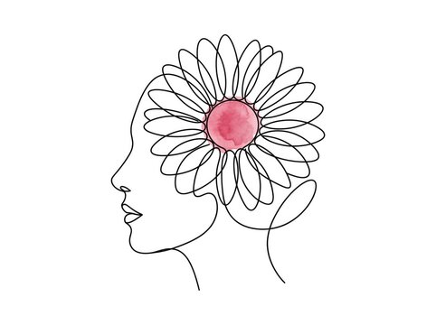 Woman profile with daisy flower - line art floral portrait illustration