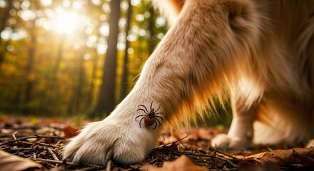 Fototapeta premium A Close Up View of an Adult Dog Paw Wandering Through The Forest Grounds with a Parasitic Tick.