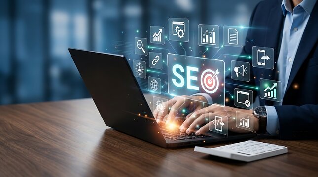 Professional business workspace with SEO optimization dashboard driving organic search performance keyword insights and digital success metrics