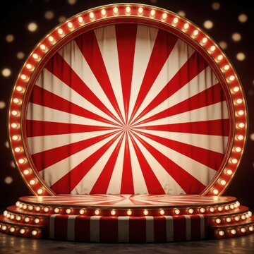 Circular retro stage with red and white stripes behind curtains. Lit with bulbs for circus or carnival show. Empty platform waits for performer or product.