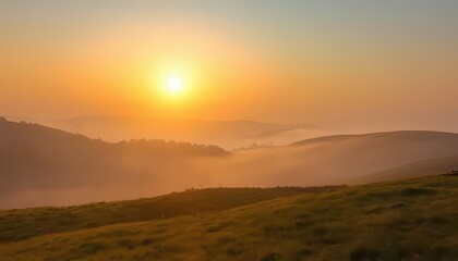 Obraz premium Golden sunrise illuminating rolling hills under soft morning fog across vast serene rural landscape with displays vibrant golden undulating grassy hills
