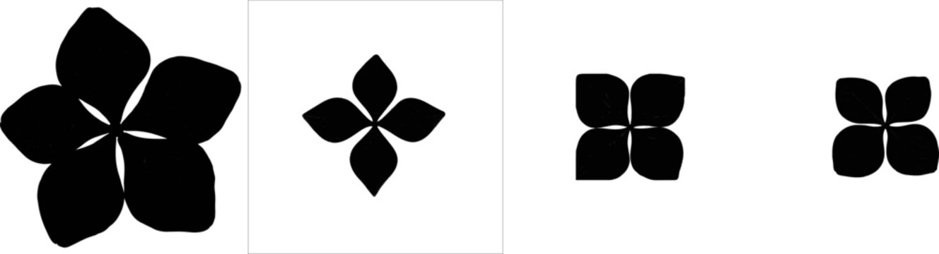 A minimalist line art silhouette of a single hydrangea floret in black against a white background, showcasing the clean, cross-shaped petals in a monochrome palette