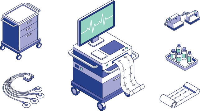 Isometric electrocardiogram ecg machine vector icon set featuring medical heart monitor defibrillator crash cart ecg leads printout paper roll and medicine bottles