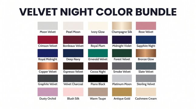 Velvet night color palette swatch chart with hex codes collection inspiration